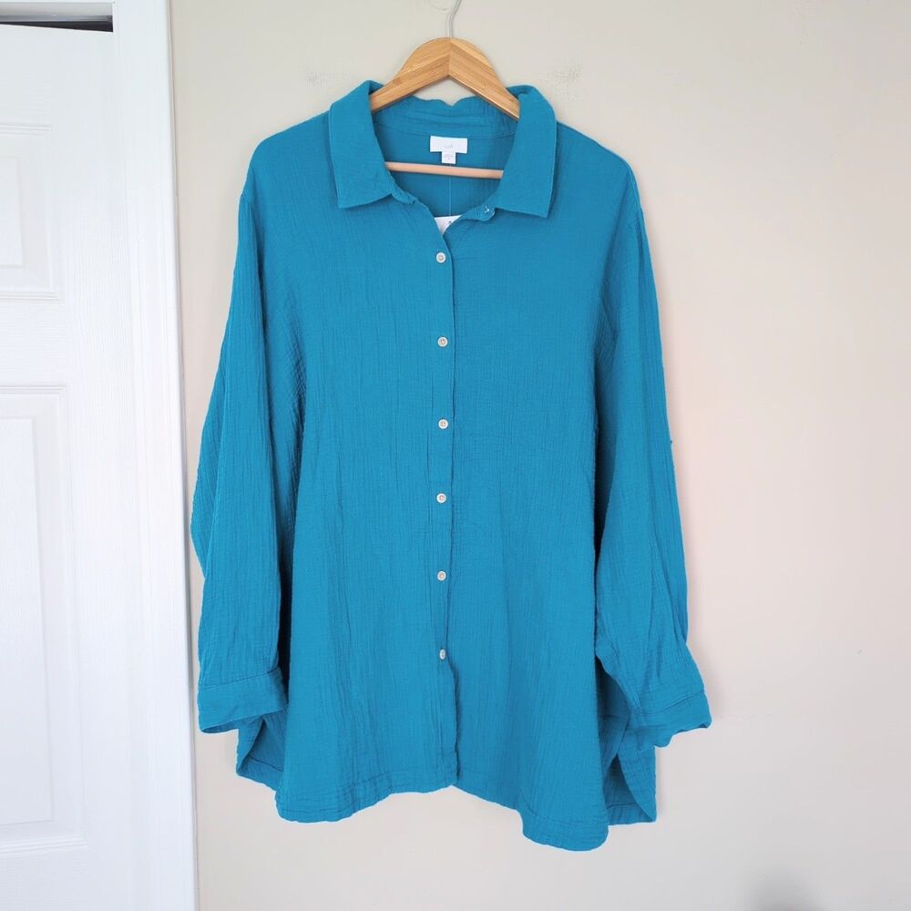 J. Jill NWT Blue Crinkle Cotton Long Sleeve Button Down Shirt Size 2X Plus